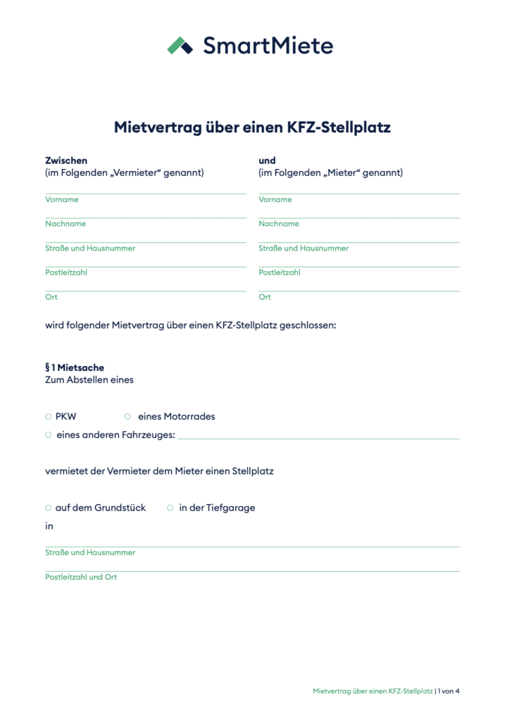 Mietvertrag Stellplatz kfz